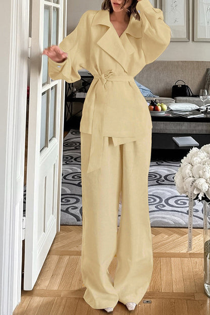 Daily Color Pocket Lace Up Turn-back Collar Long Sleeve Two Pieces