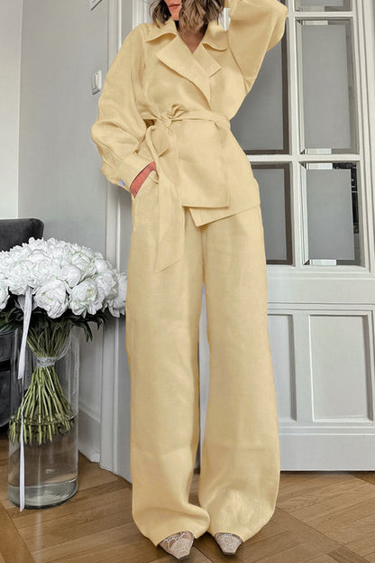 Daily Color Pocket Lace Up Turn-back Collar Long Sleeve Two Pieces