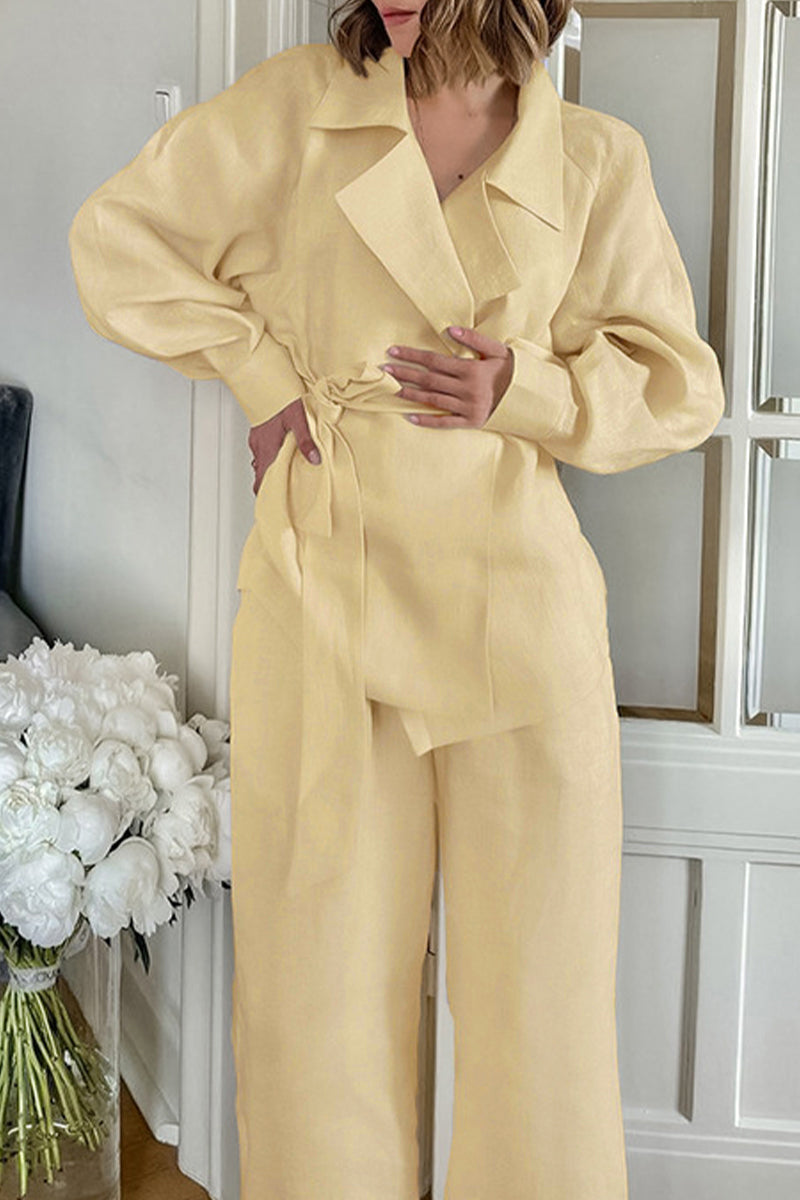 Daily Color Pocket Lace Up Turn-back Collar Long Sleeve Two Pieces