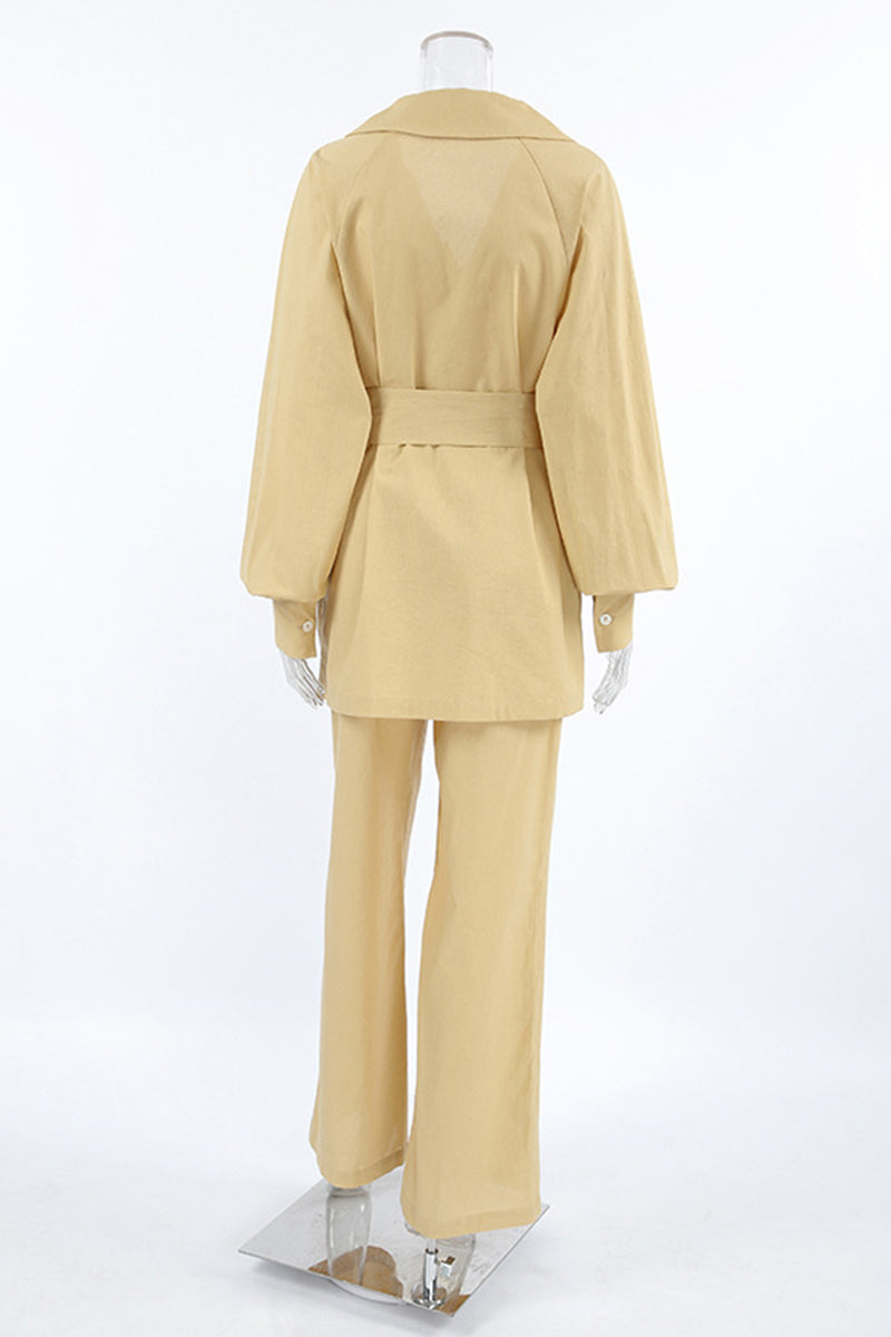 Daily Color Pocket Lace Up Turn-back Collar Long Sleeve Two Pieces