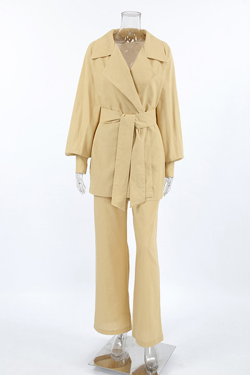 Daily Color Pocket Lace Up Turn-back Collar Long Sleeve Two Pieces