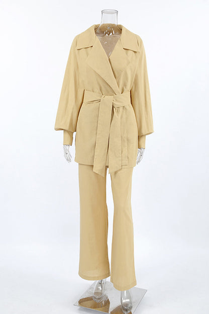 Daily Color Pocket Lace Up Turn-back Collar Long Sleeve Two Pieces
