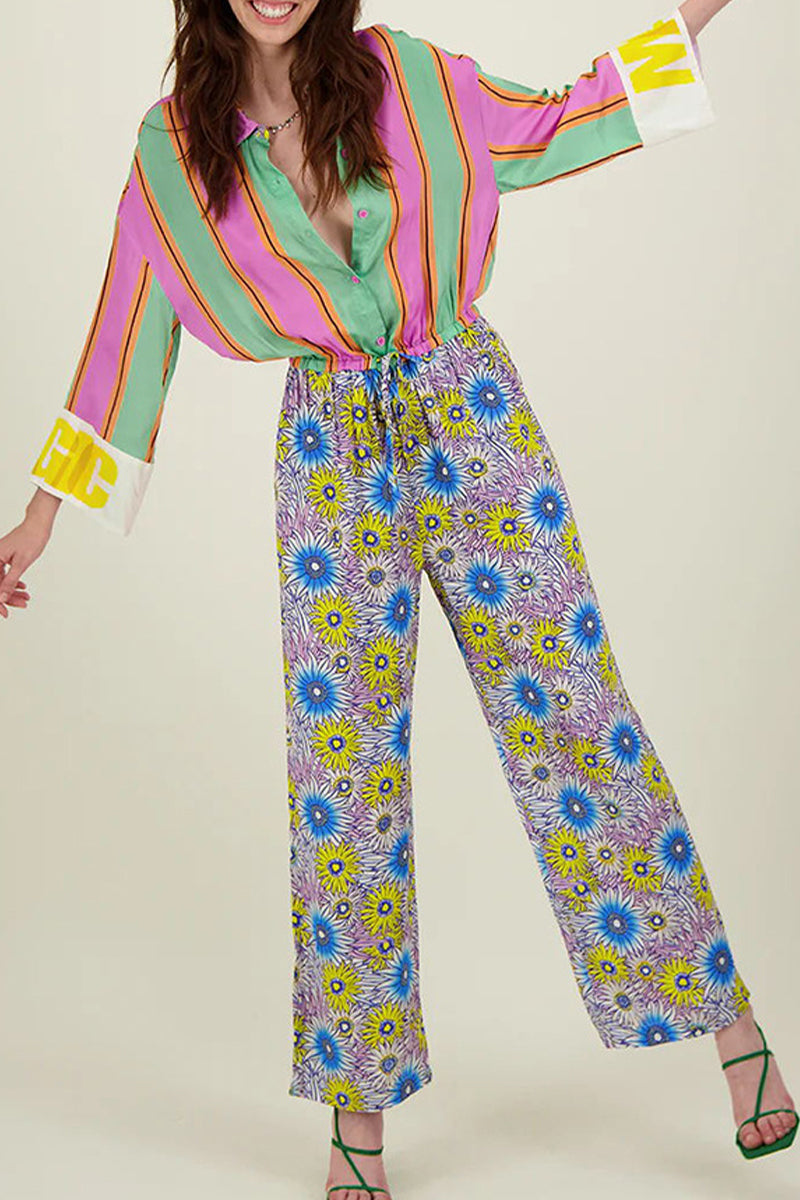 Street Striped Print Flowers Pocket Lace Up Buttons Turndown Collar Loose Jumpsuits
