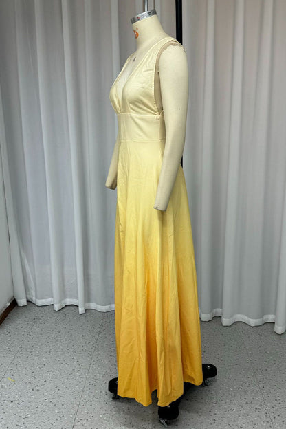 Gradient Print Contrast V Neck Long Dresses