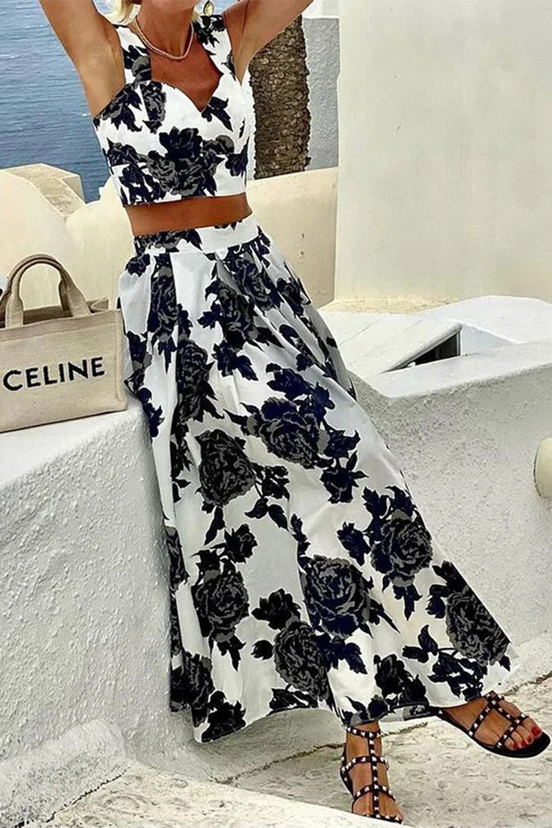 Vacation Flowers Print Patchwork V Neck Sleeveless Two Pieces