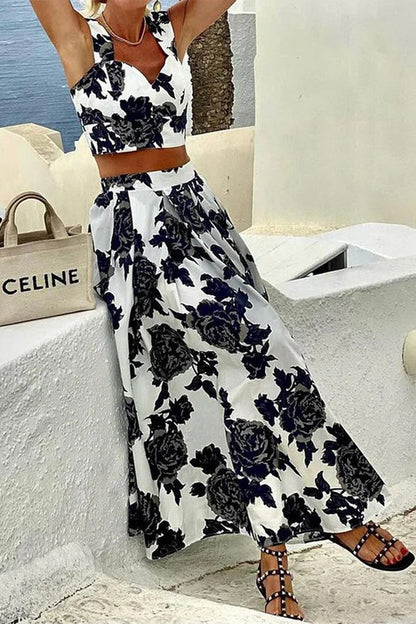 Vacation Flowers Print Patchwork V Neck Sleeveless Two Pieces