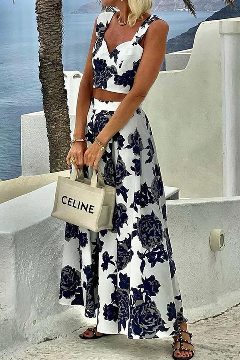 Vacation Flowers Print Patchwork V Neck Sleeveless Two Pieces