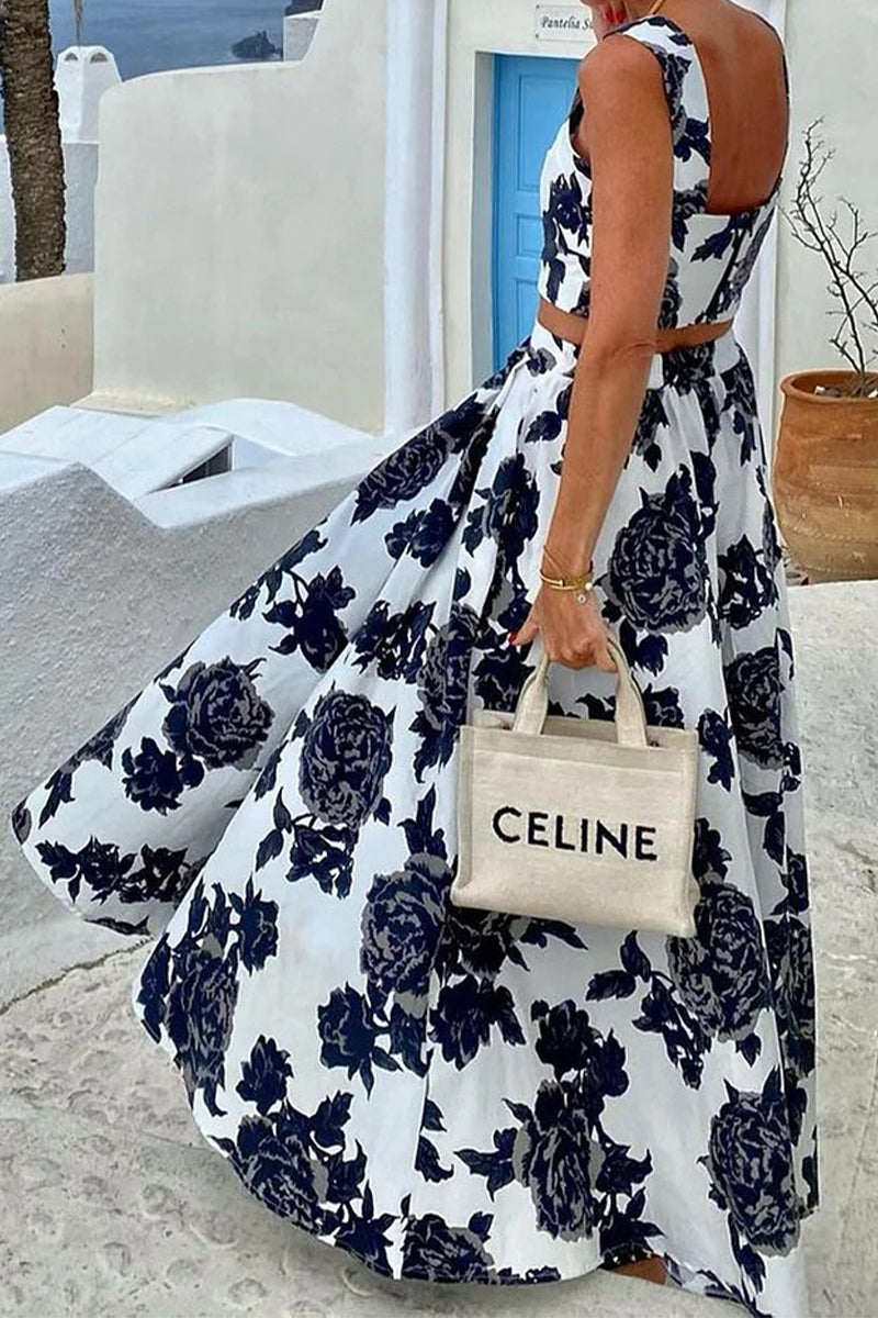 Vacation Flowers Print Patchwork V Neck Sleeveless Two Pieces