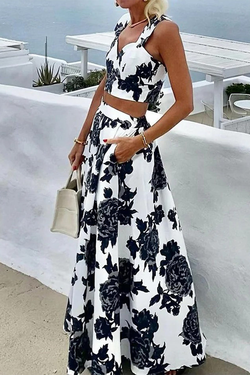 Vacation Flowers Print Patchwork V Neck Sleeveless Two Pieces