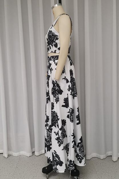 Vacation Flowers Print Patchwork V Neck Sleeveless Two Pieces