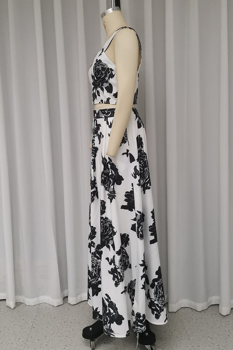 Vacation Flowers Print Patchwork V Neck Sleeveless Two Pieces