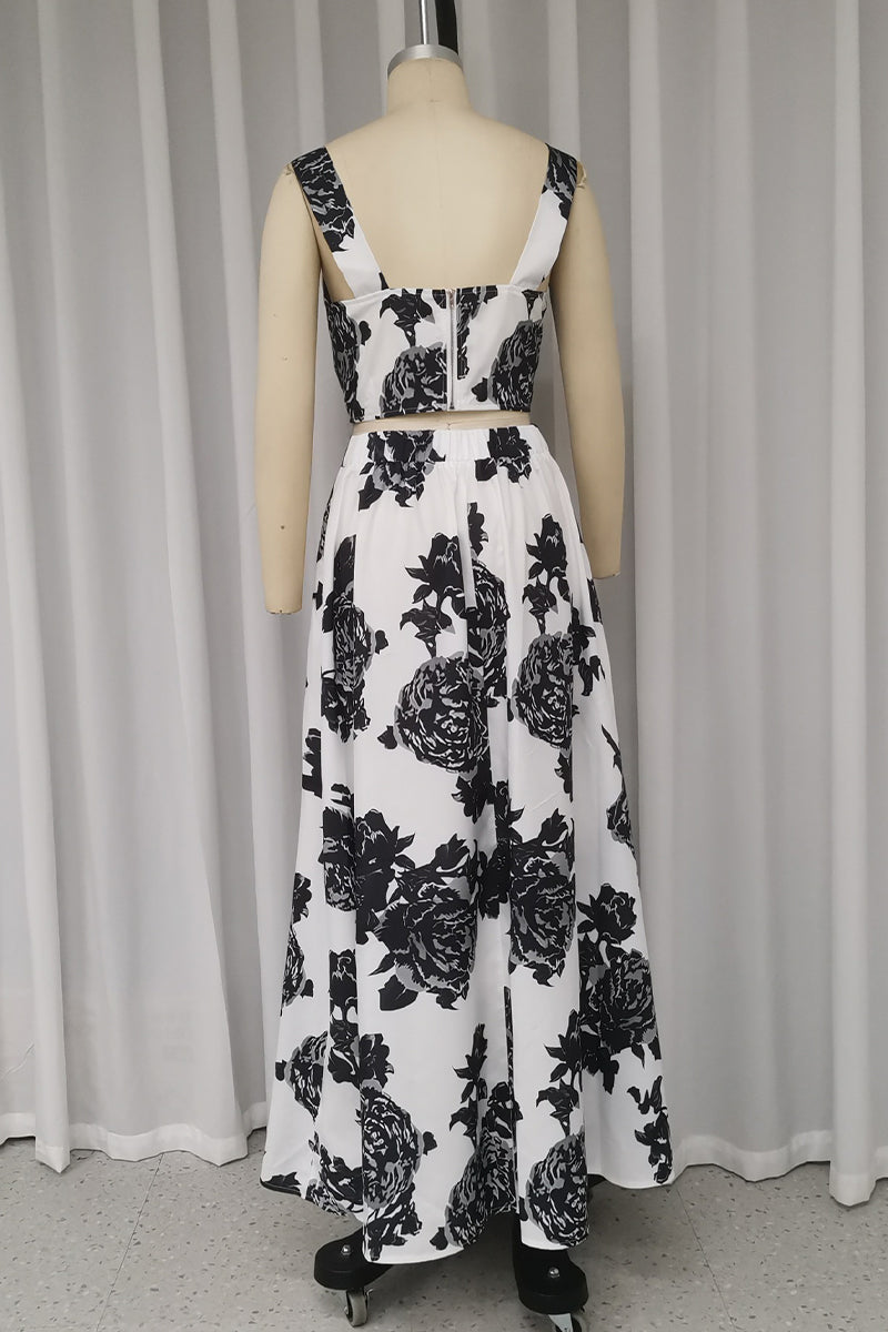 Vacation Flowers Print Patchwork V Neck Sleeveless Two Pieces