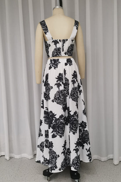 Vacation Flowers Print Patchwork V Neck Sleeveless Two Pieces