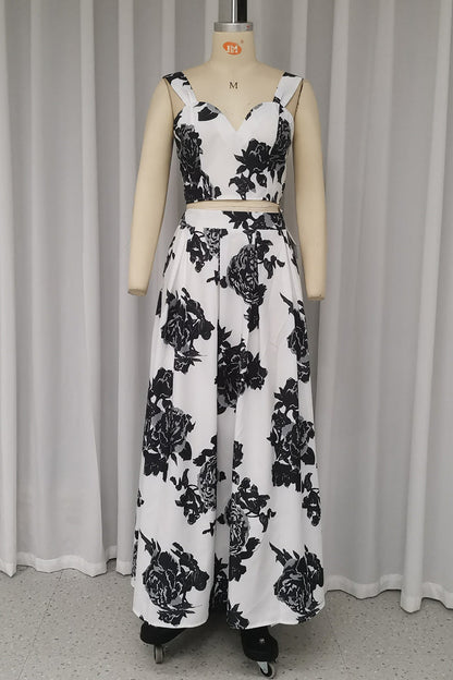 Vacation Flowers Print Patchwork V Neck Sleeveless Two Pieces