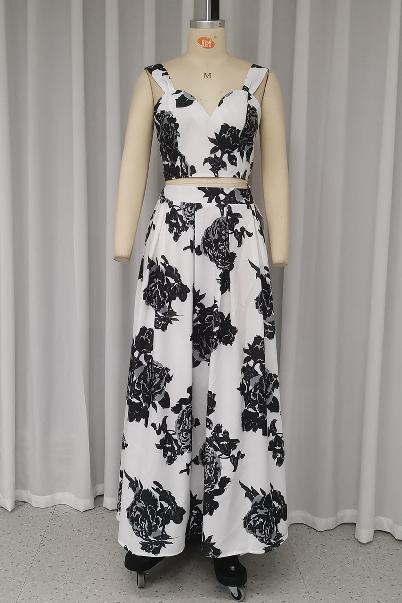 Vacation Flowers Print Patchwork V Neck Sleeveless Two Pieces