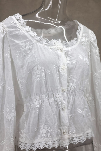 Daily Color Embroidered Buttons See-through U Neck Blouses