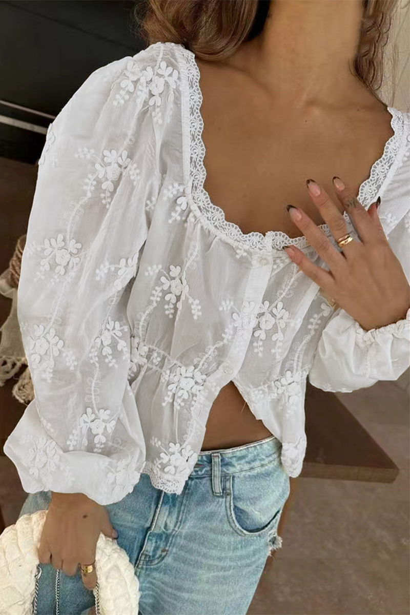 Daily Color Embroidered Buttons See-through U Neck Blouses
