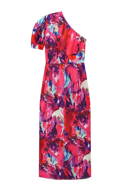 Print Ruched Irregular Contrast Sloping Shoulder One Step Skirt Dresses