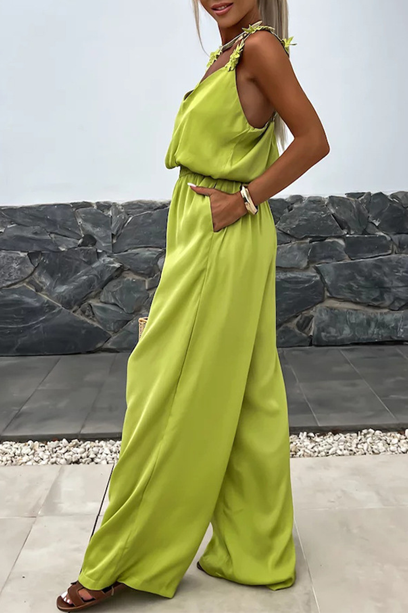 Daily Color Pocket Flower Shape V Neck Loose Jumpsuits(3 Colors)