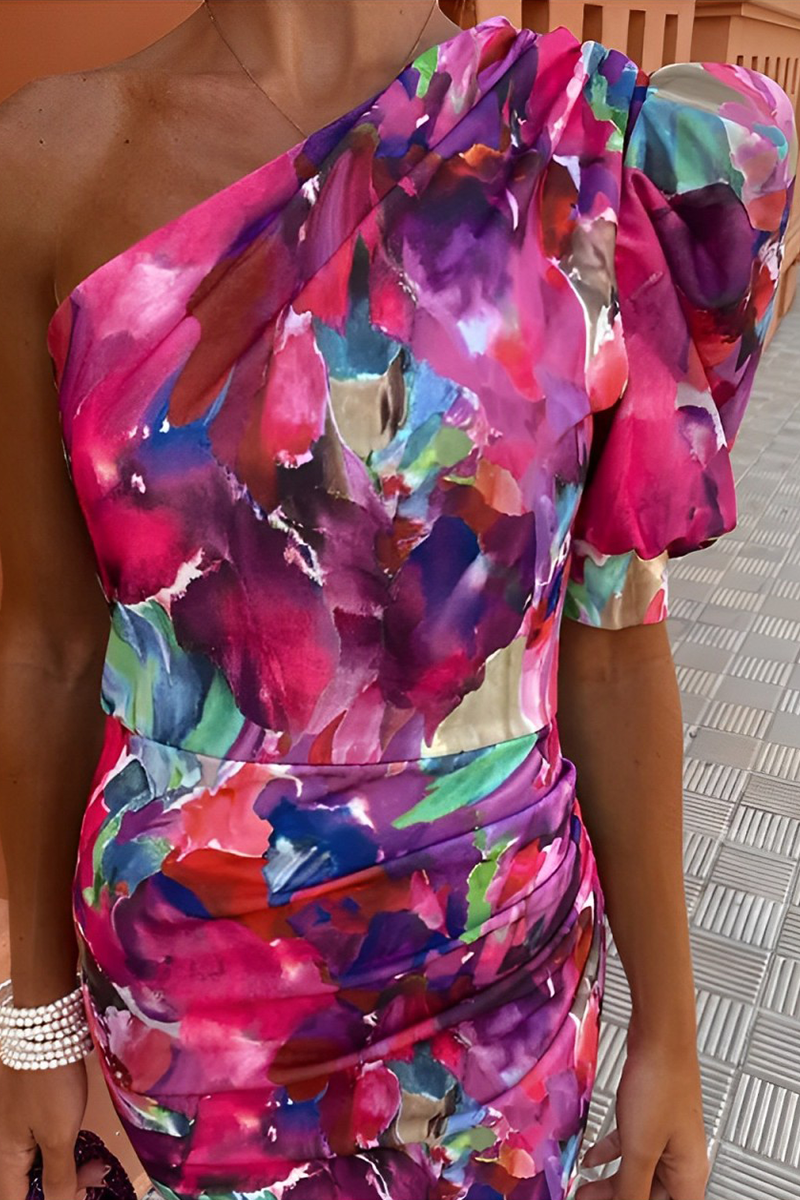 Print Ruched Irregular Contrast Sloping Shoulder One Step Skirt Dresses