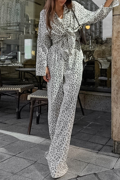 Street Leopard Print Patchwork Turndown Collar Long Sleeve Two Pieces