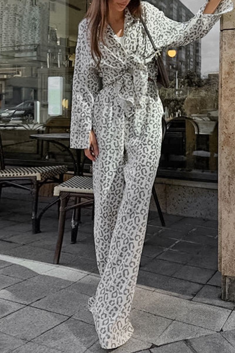 Street Leopard Print Patchwork Turndown Collar Long Sleeve Two Pieces