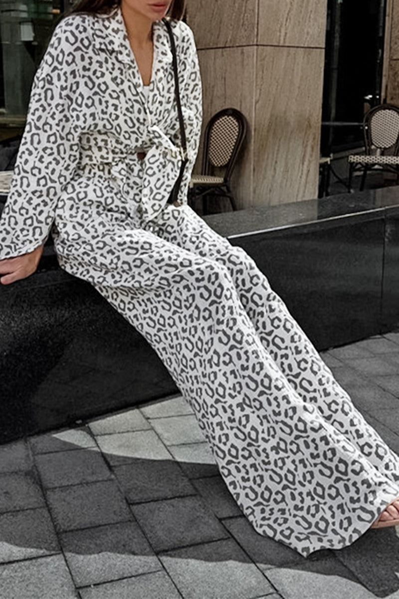 Street Leopard Print Patchwork Turndown Collar Long Sleeve Two Pieces