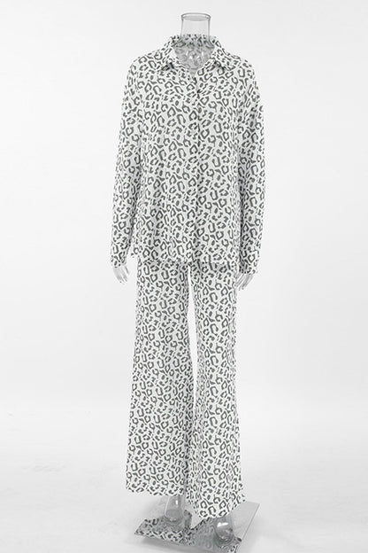 Street Leopard Print Patchwork Turndown Collar Long Sleeve Two Pieces