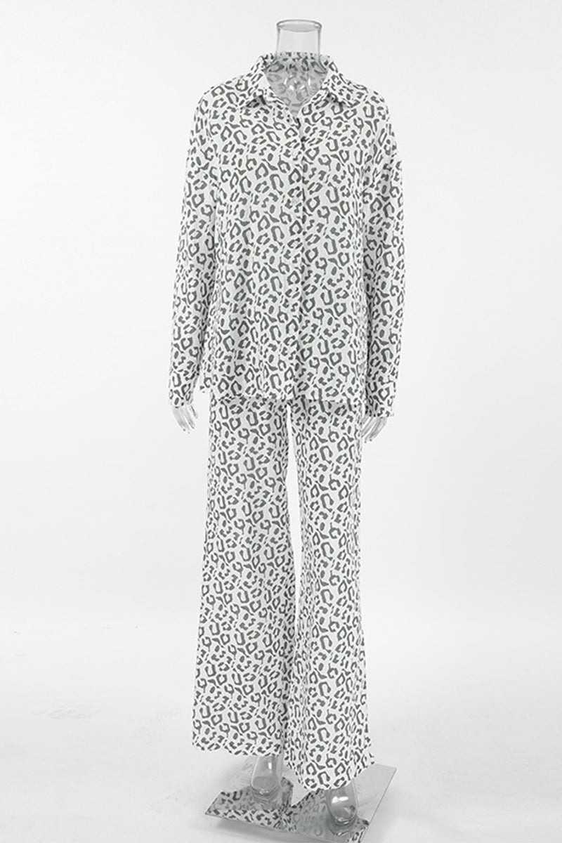 Street Leopard Print Patchwork Turndown Collar Long Sleeve Two Pieces