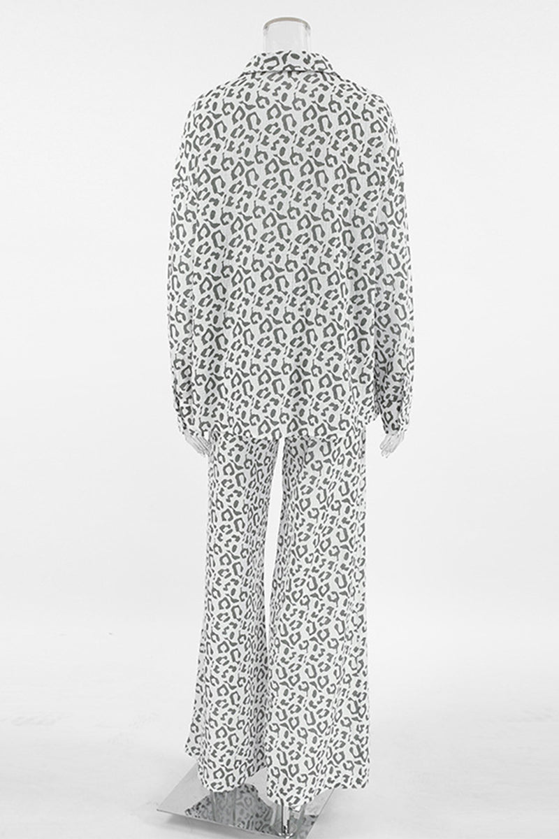 Street Leopard Print Patchwork Turndown Collar Long Sleeve Two Pieces
