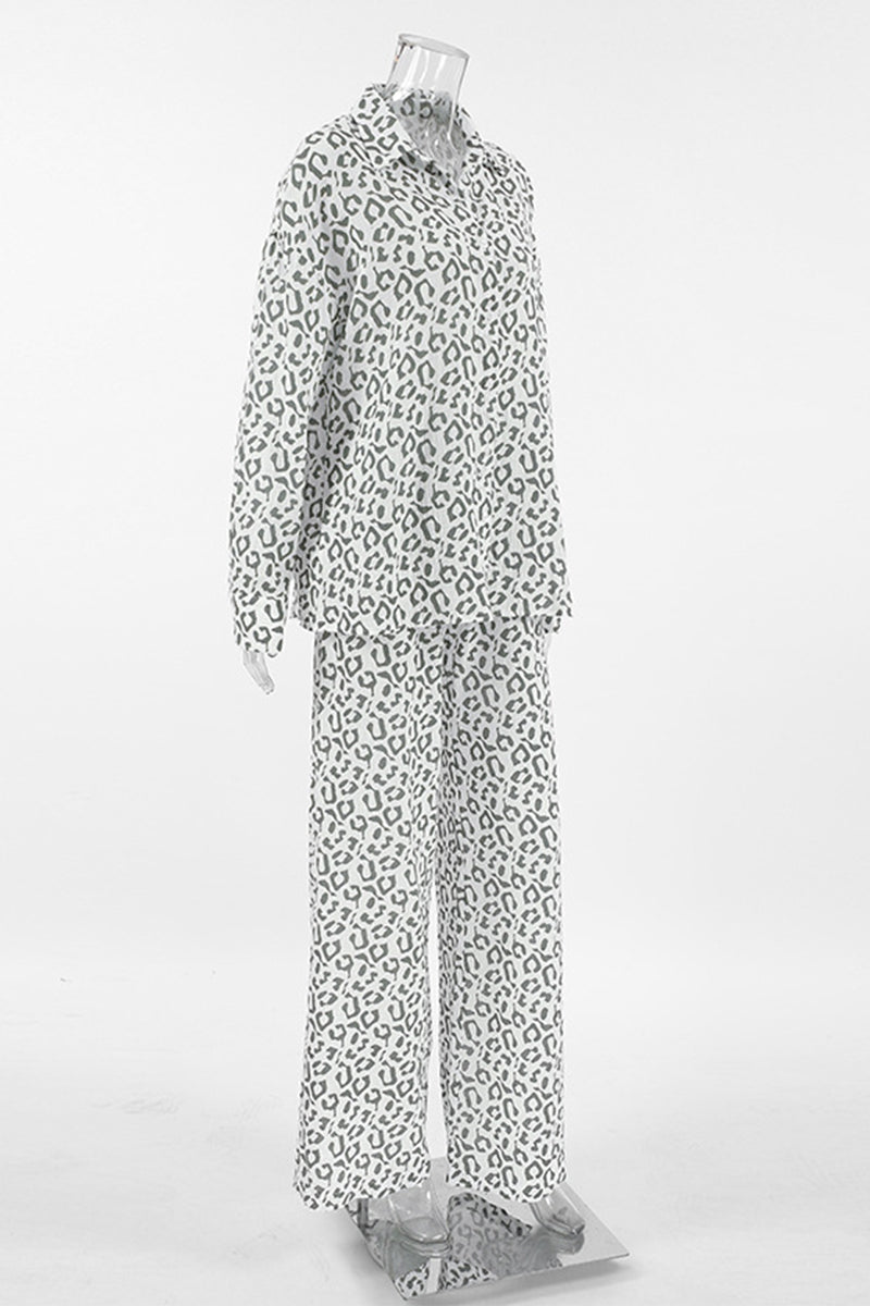 Street Leopard Print Patchwork Turndown Collar Long Sleeve Two Pieces