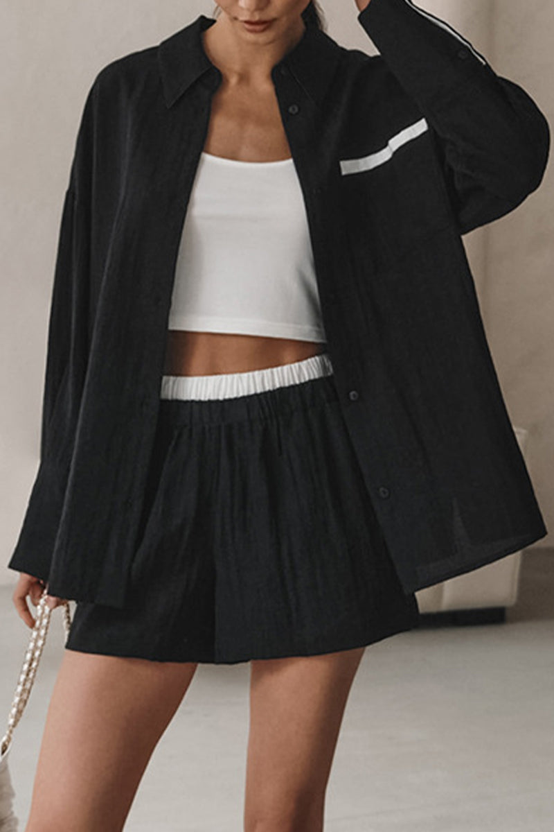 Street Color Patchwork Contrast Turndown Collar Long Sleeve Two Pieces