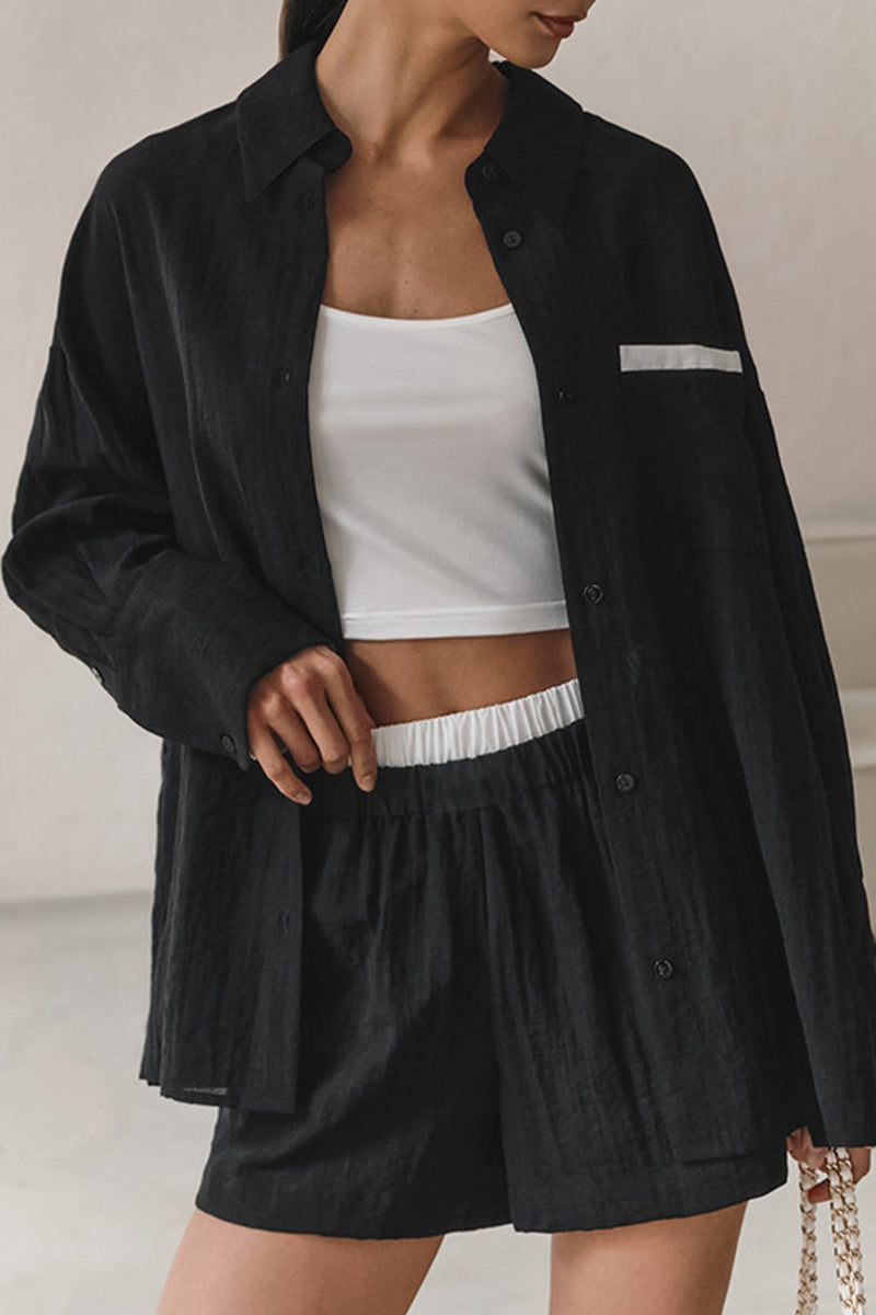 Street Color Patchwork Contrast Turndown Collar Long Sleeve Two Pieces