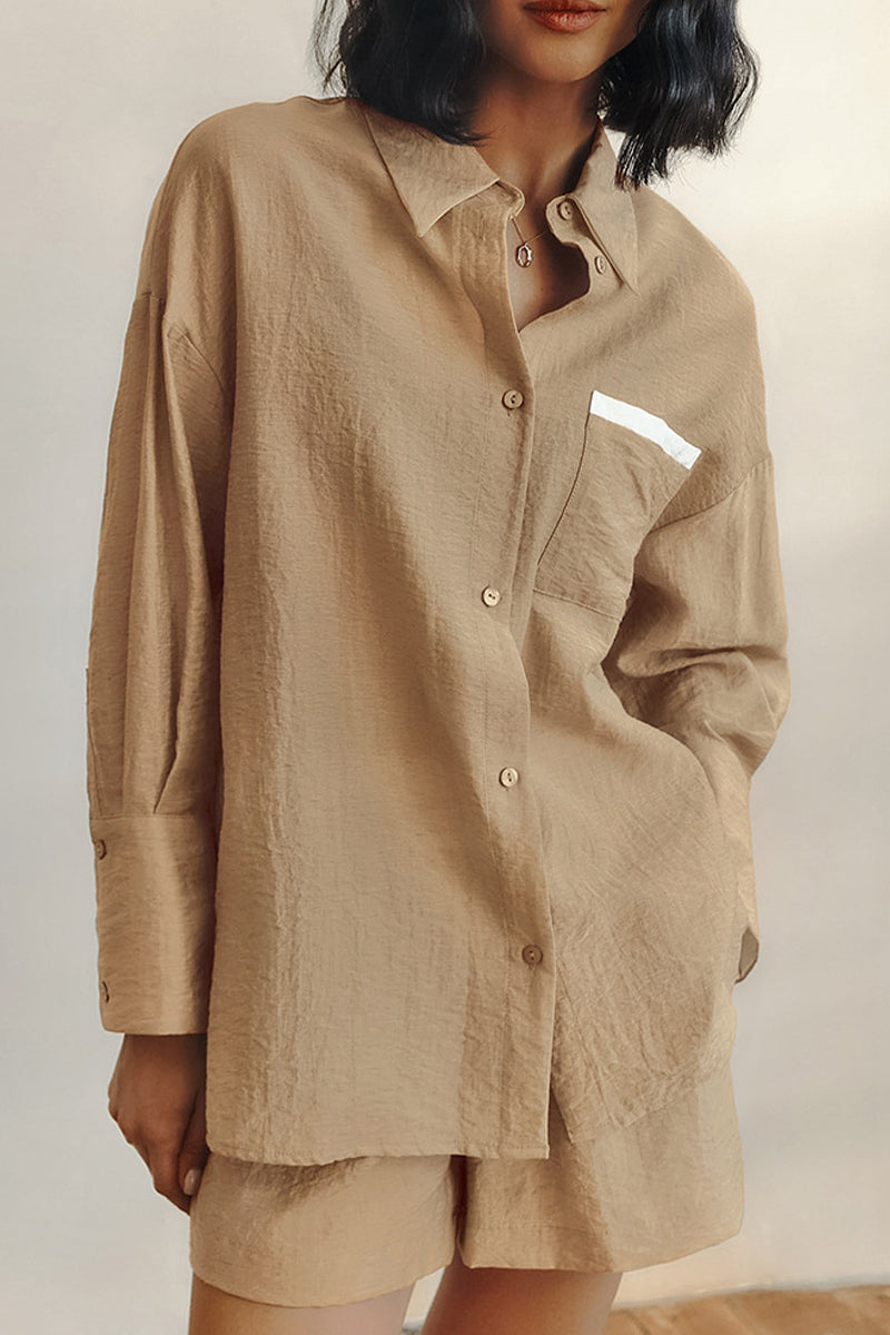 Street Color Patchwork Contrast Turndown Collar Long Sleeve Two Pieces