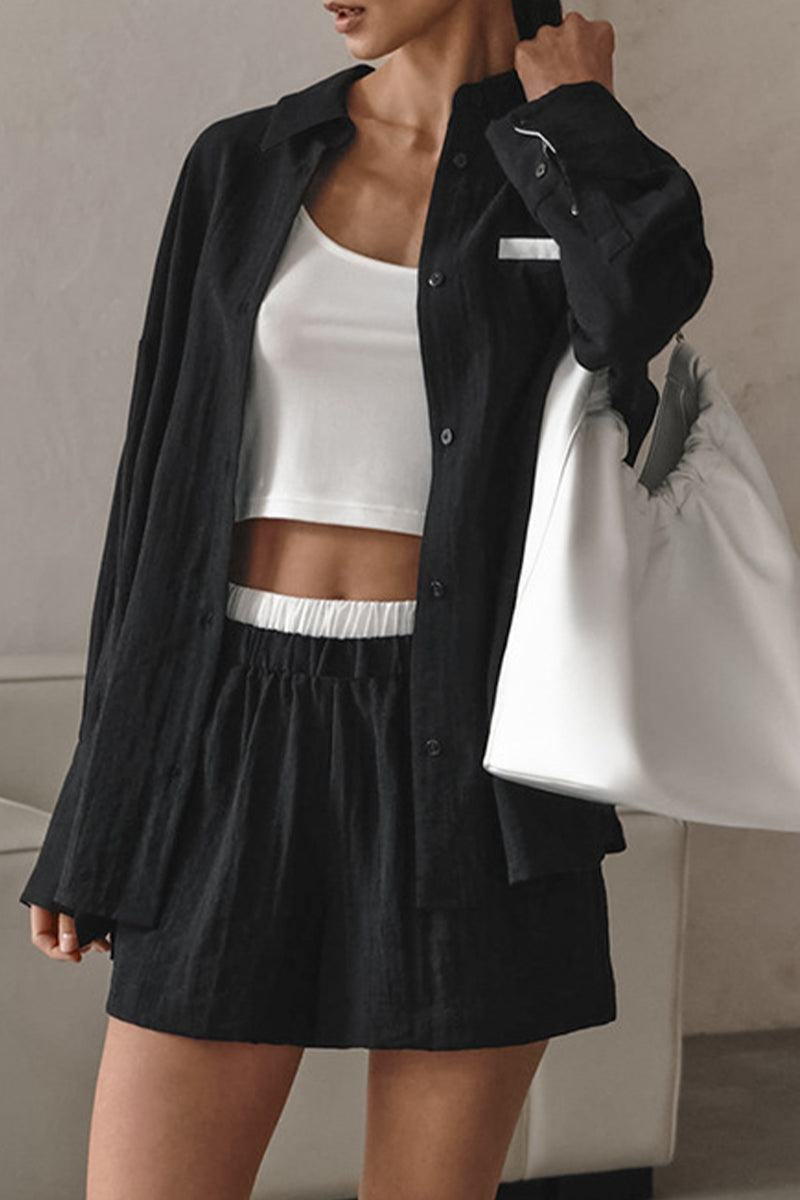 Street Color Patchwork Contrast Turndown Collar Long Sleeve Two Pieces
