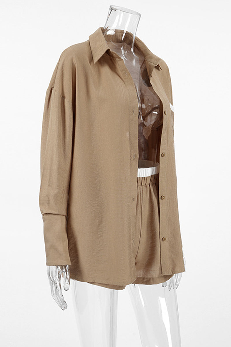 Street Color Patchwork Contrast Turndown Collar Long Sleeve Two Pieces