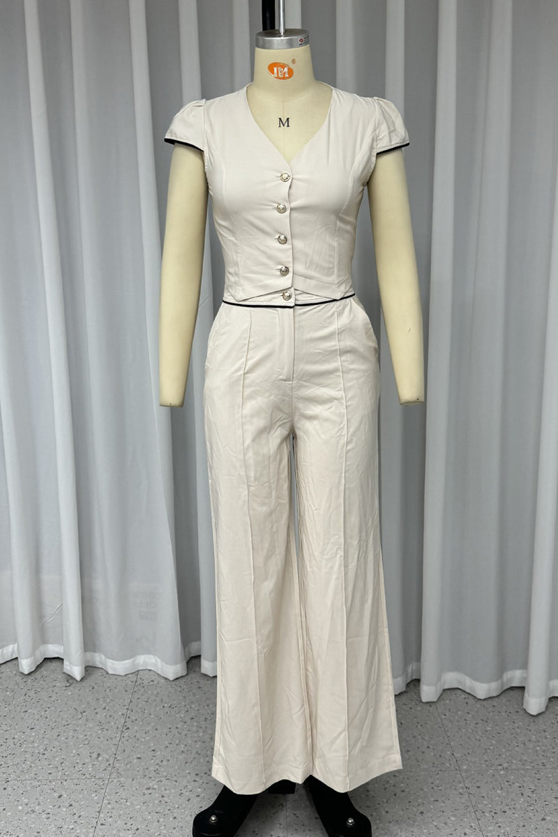 Color Pocket Buttons V Neck Short Sleeve Two Pieces