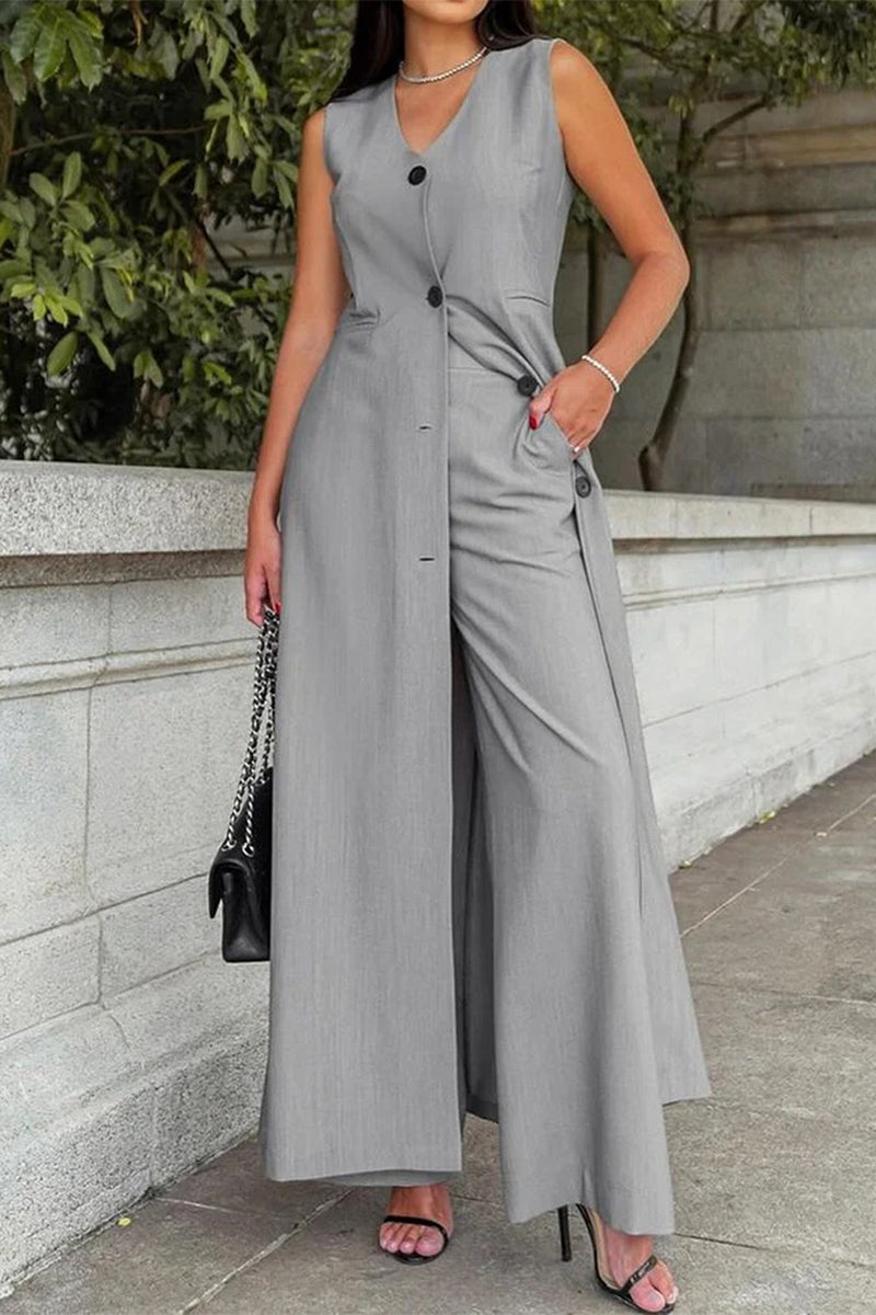 Street Color Pocket Buttons V Neck Sleeveless Two Pieces