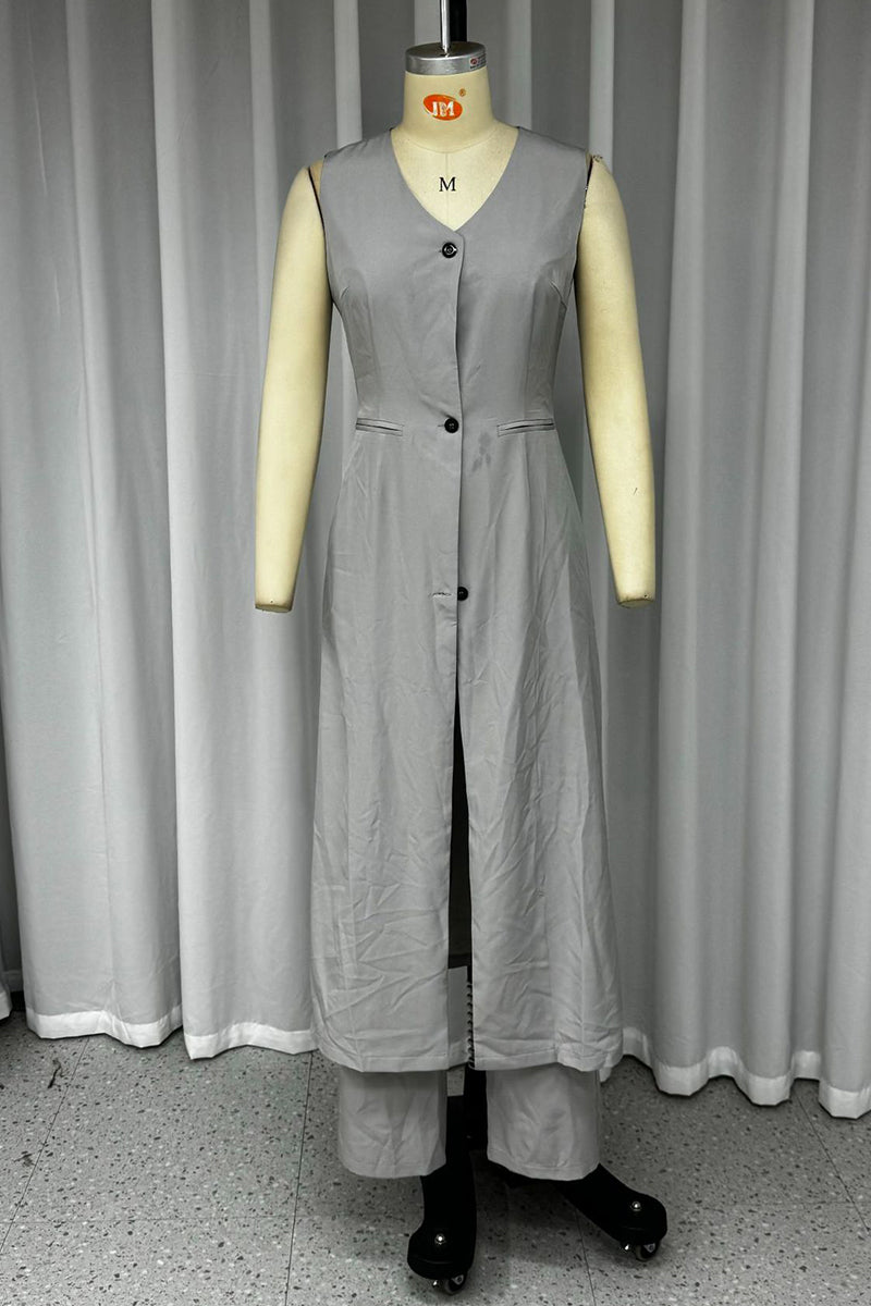Street Color Pocket Buttons V Neck Sleeveless Two Pieces