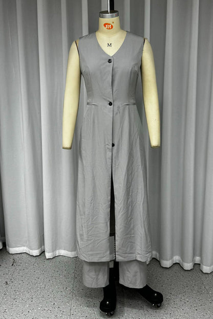 Street Color Pocket Buttons V Neck Sleeveless Two Pieces