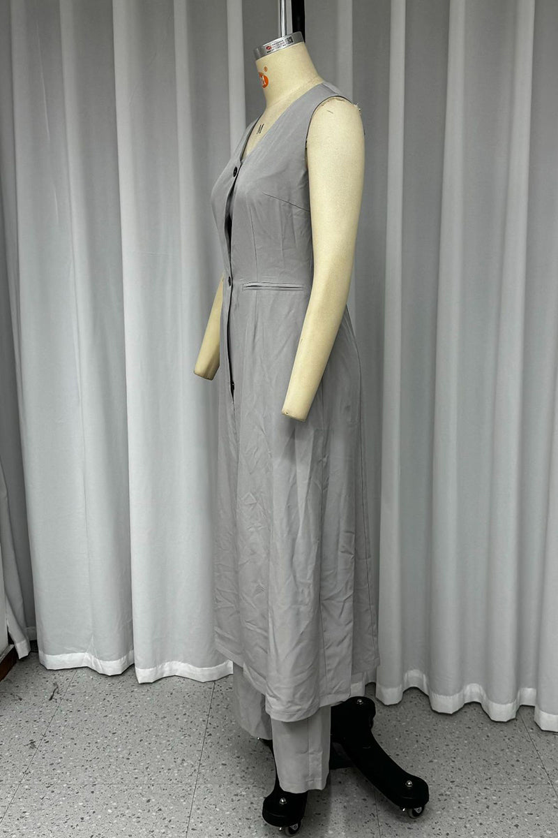 Street Color Pocket Buttons V Neck Sleeveless Two Pieces