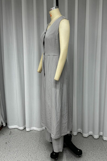 Street Color Pocket Buttons V Neck Sleeveless Two Pieces