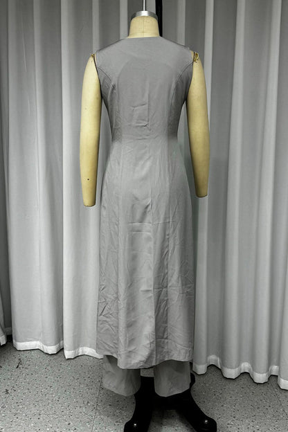 Street Color Pocket Buttons V Neck Sleeveless Two Pieces