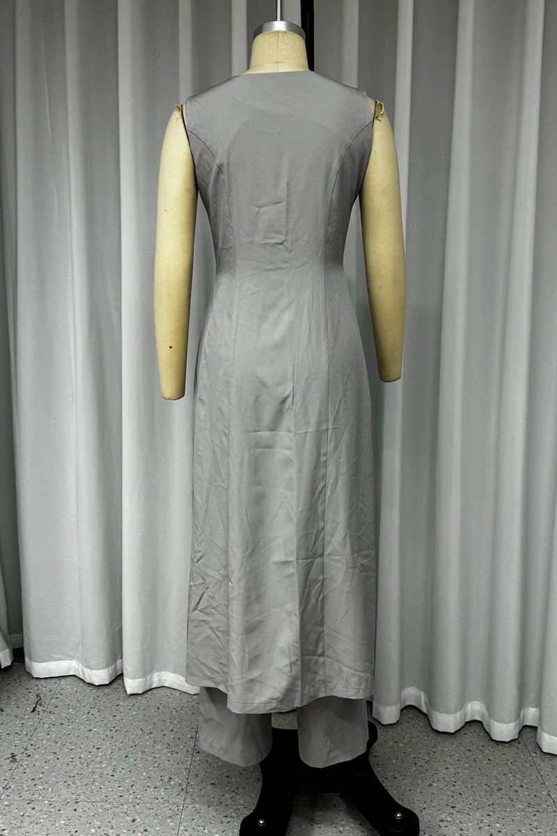 Street Color Pocket Buttons V Neck Sleeveless Two Pieces