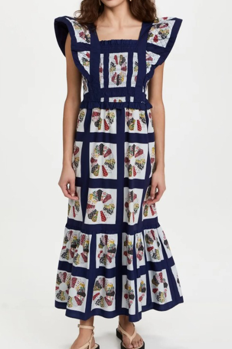 Geometric Print Patchwork Bow Decor Contrast Square Neck One Step Skirt Dresses