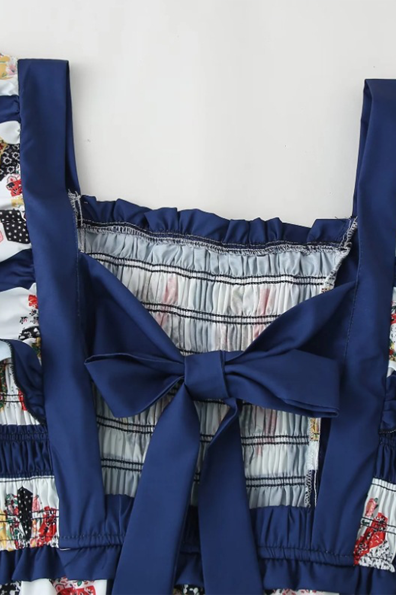 Geometric Print Patchwork Bow Decor Contrast Square Neck One Step Skirt Dresses