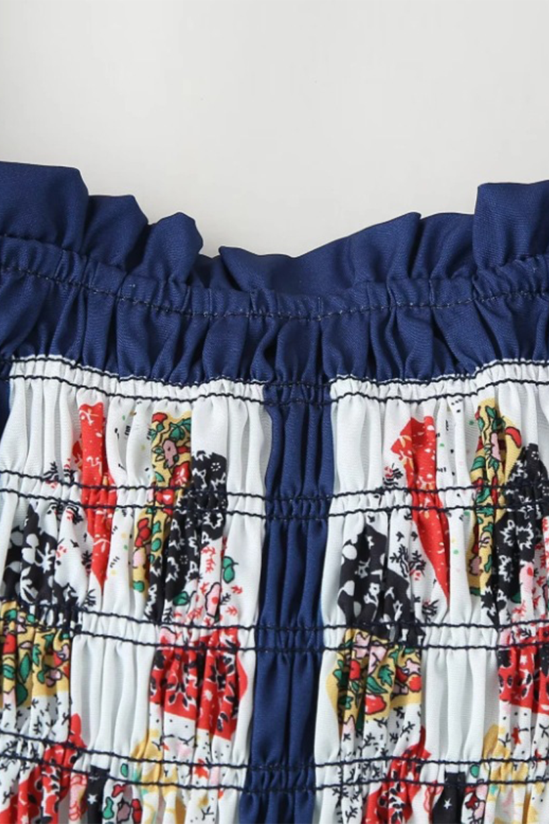 Geometric Print Patchwork Bow Decor Contrast Square Neck One Step Skirt Dresses