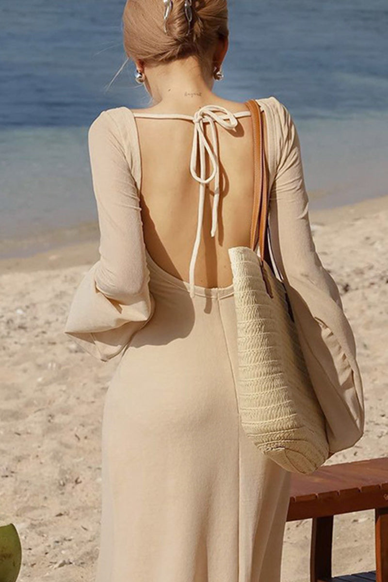 Vacation Color Lace Up Backless Square Neck One Step Skirt Dresses