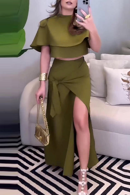 Color Slit Irregular Shawl Collar Short Sleeve Two Pieces
