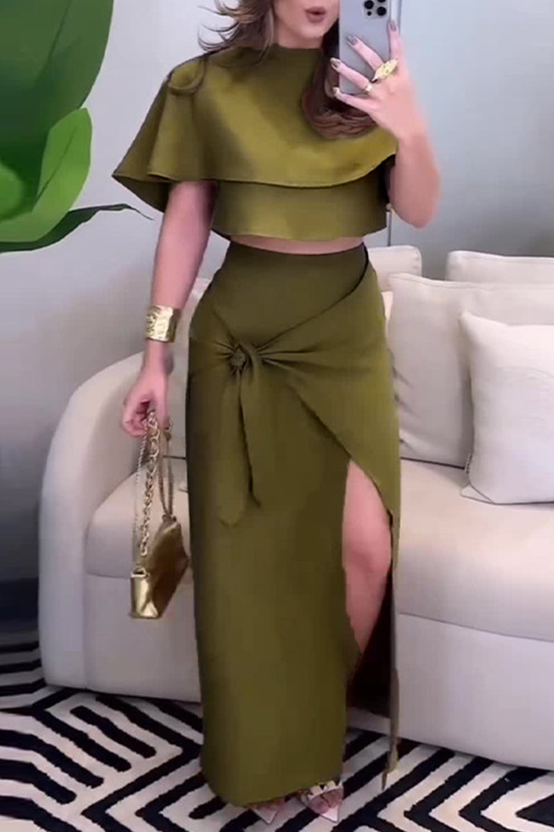 Color Slit Irregular Shawl Collar Short Sleeve Two Pieces